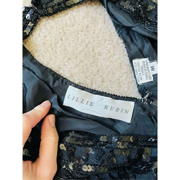 Lillie Rubin Vintage Art Deco Black Silk Beaded Sequined Cocktail Dress Short Sl - Picture 13 of 15